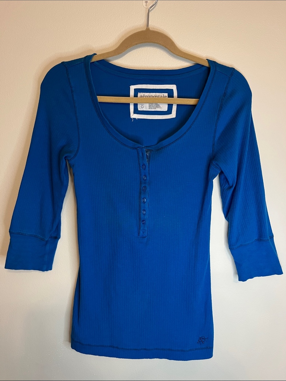 Aeropostale Royal Blue Ribbed Henley 3/4  Sleeve Top Size Large